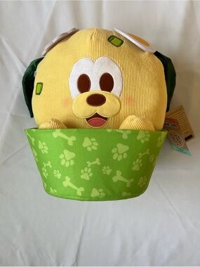 Disney Munchlings Pluto- Yellow Puppy Plush in Green Paw-Print Bowl